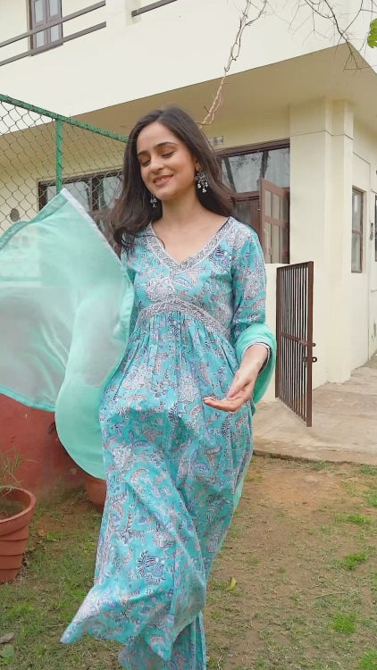 Serene Light Blue Hand Block Bagru Printed Cotton Kurta Set